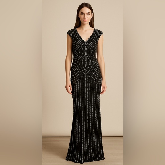 Parker Black Dresses & Skirts - Parker Black Fully Beaded Art Deco Evening Gown Mesh Illusion Maxi Dress Size 4